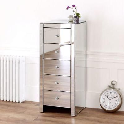 Compact Silver Glass Modern Venetian Mirrored 5 Drawers Tallboy