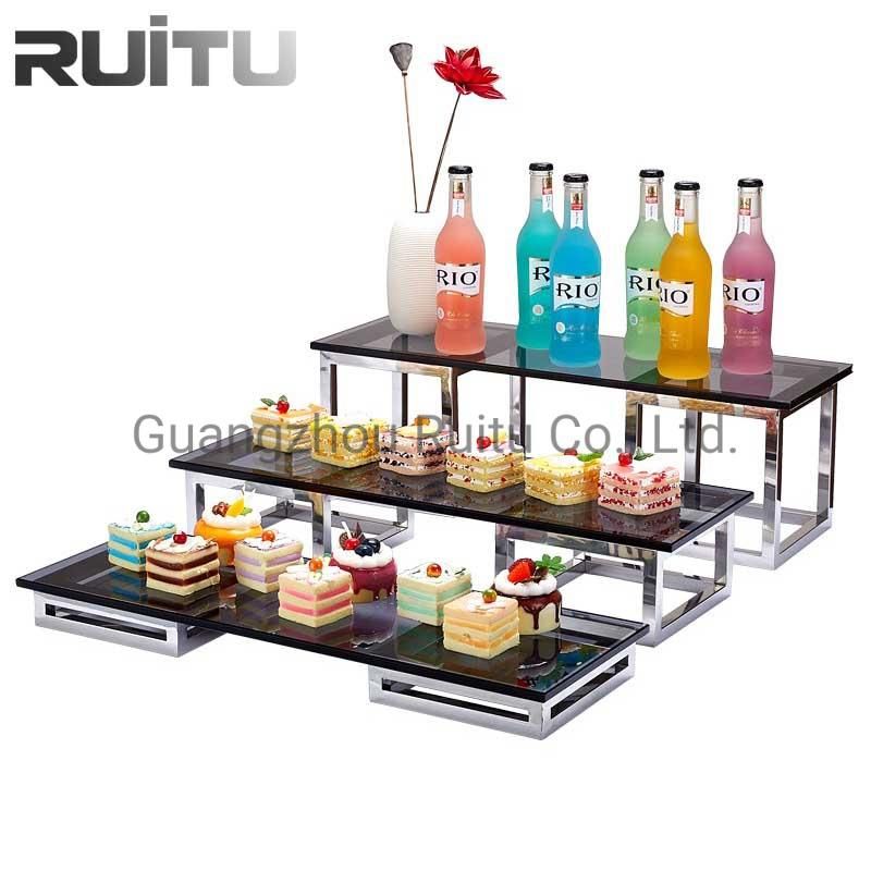 Wedding Square Buffet Risers Cube Decorative Cupcake Server 3 Tier Black Glass Serving Food Platter Stainless Steel Dessert Buffet Display Stand