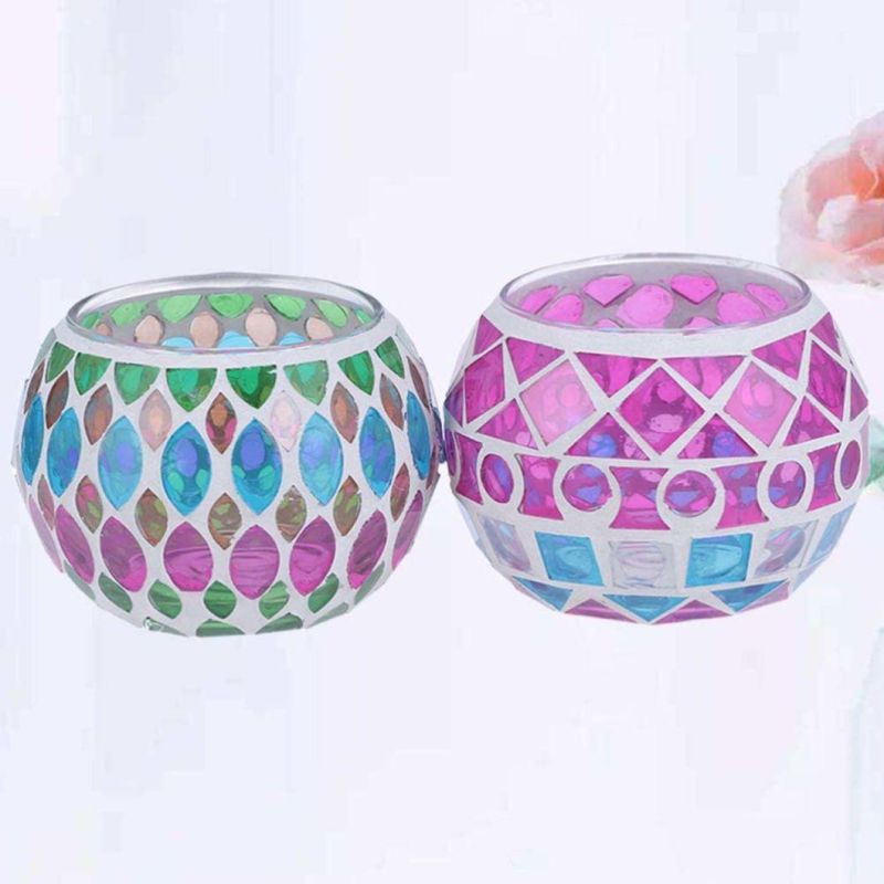 Geometric Mosaic Glass Tea Light Holder Colorful Retro Round Glass Candle Holder Wedding Party Desktop Centerpiece Decorations