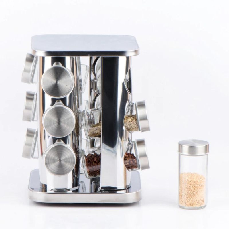 12PCS Glass Spice Jar Shaker Set with Stainless Steel Vevolving Rack