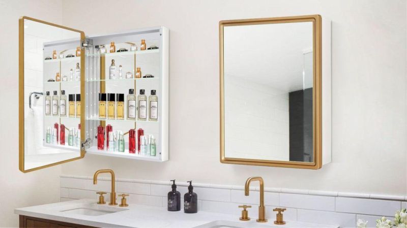 Wall Aluminum Alloy Waterproof Medicine Cabinet Bathroom Mirror Cabinet Gold Wood Framed Northern Europe Storage Hanging Cabinet with Single Door Fortoilet Kit