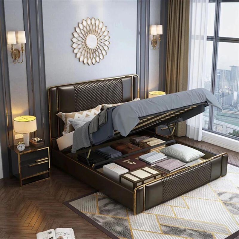Luxury Bedroom Furniture Modern Upholstered Leather Italian Bed with Storage King Size White Leather Bed
