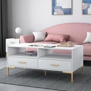 Two Layers Rectangle Table Adjustable Height Nordic Modern Wooden Metal Coffee Table for Living Room