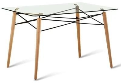 Wholesale Rectangle Wood Legs Iron Frame Glass Top Dining Table