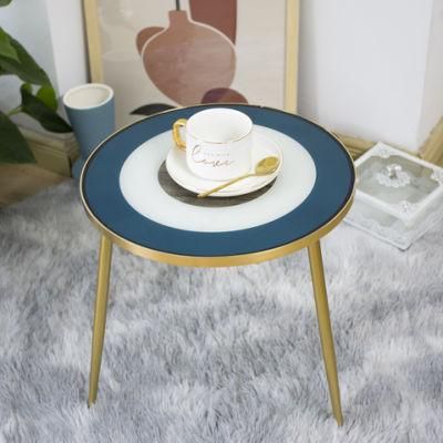 Middle East Welcome Colorful Tempered Glass Desktop Golden Metal Frame Round Coffee Table