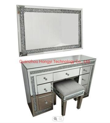 Modern Glam Mirrored Frame Shinny Crystal Decor Vanity Table Dresser Glass Dressing Table for Bedroom Furniture