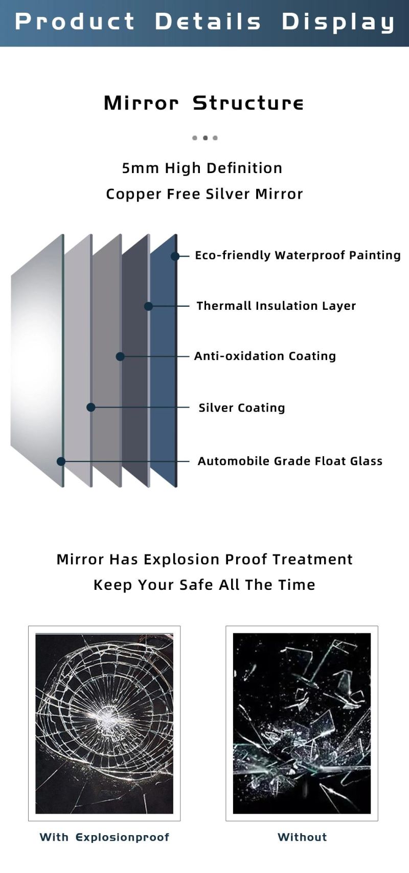 Safety Non-Corrosive Tempered Glass Dimming and Anti Mist Bathroom Wall Mirrors with Low Energy LED Light