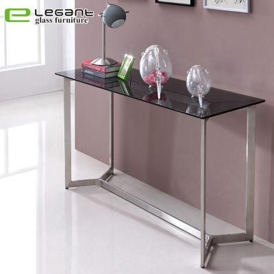Brushed Stainless Steel Console Table with Grey Tempered Glass Top