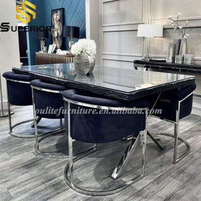 Black Velvet Silver Dining Chair with Glass Dining Table Set