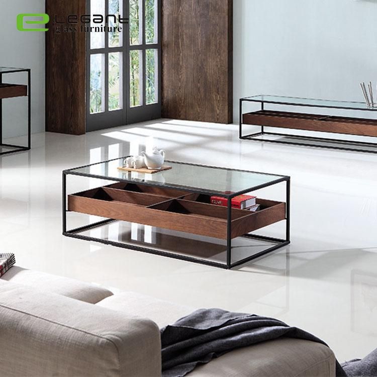 Metal Bracket Glass Furniture Square Glass Side Table for Living Room