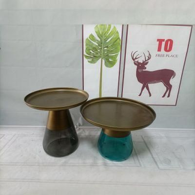 Factory Wholesale Blue/Grey/Green/Purple/Yellow Tempered Glass Base + Green Bronze Curling Plate Coffee Table