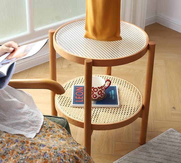 Side Table, Coffee Table with Hand-Woven Rattan and Glass Tops