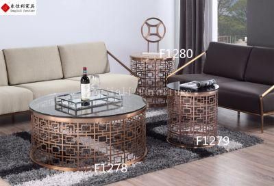 Round Glass Coffee Table Set with Stainless Steel Frame