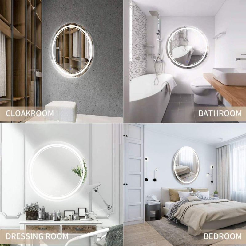 LED Round Mirror Bathroom Vanity Mirror Circle Dimmable Wall Mounted Mirror Anti-Fog Makeup Mirror with Lights