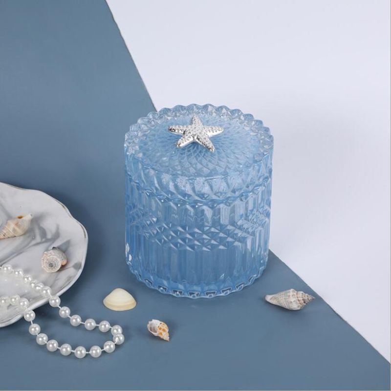 Factory Price Luxury Glass Candle Jar Ocean Set Round Glass Candle Holder with Shell and Starfish Lid