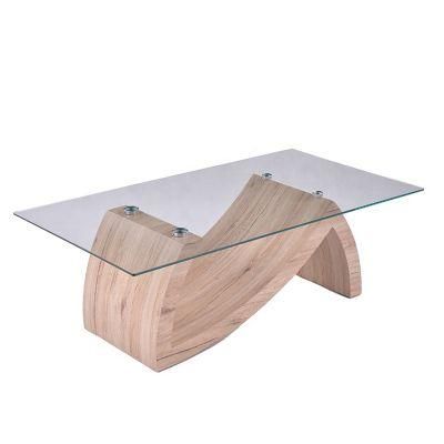 Chinese Factory Home Furniture Modern Simple Design Glass Coffee Table with Wooden Legs
