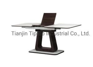 Modern Furniture Dining Room Set Glass Wooden with Six PU Chromed Leg Chair Dining Table Set