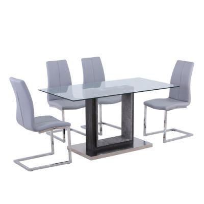 Stylish Clear Glass Rectangular Smooth Surface Dining Table Set with 4 PU Leather High Back Chairs