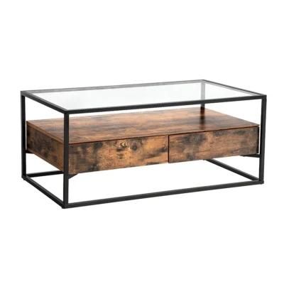 Customized Glass Coffee Table with 2 Drawers Tempered Glass Top with Storage Shelf