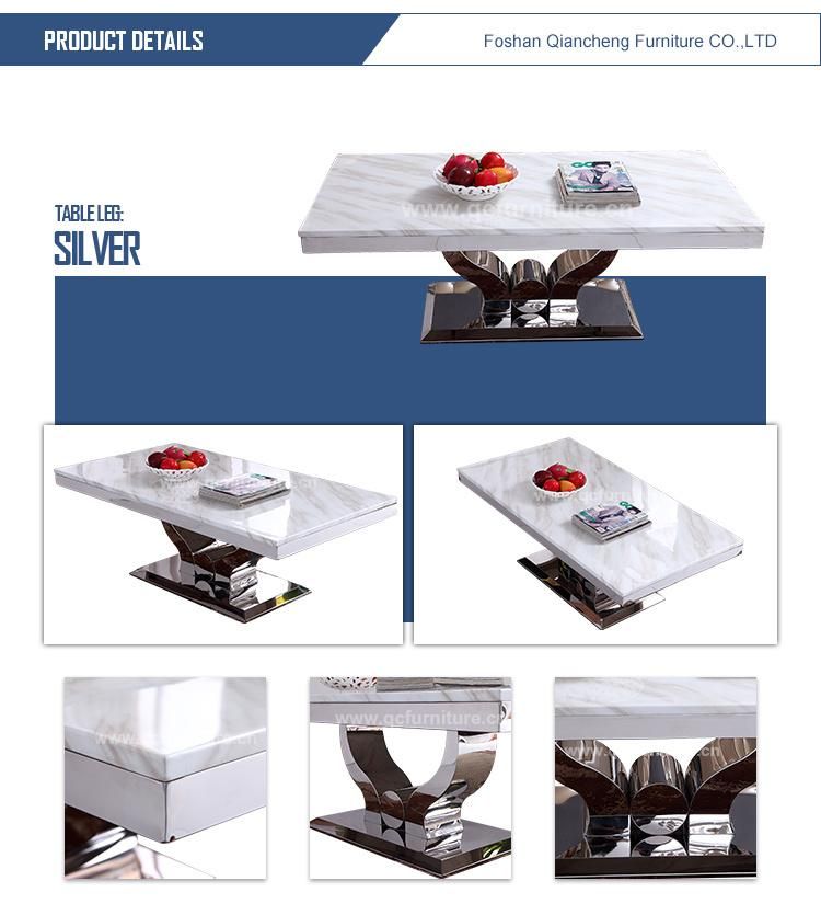 White Marble Silver Stainless Steel Coffee Table for Living Room