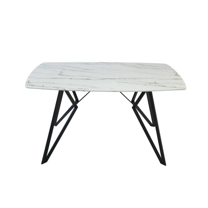Wholesale Living Room Restaurant White High Gloss Tempered Glass Marble Top Steel Dining Table
