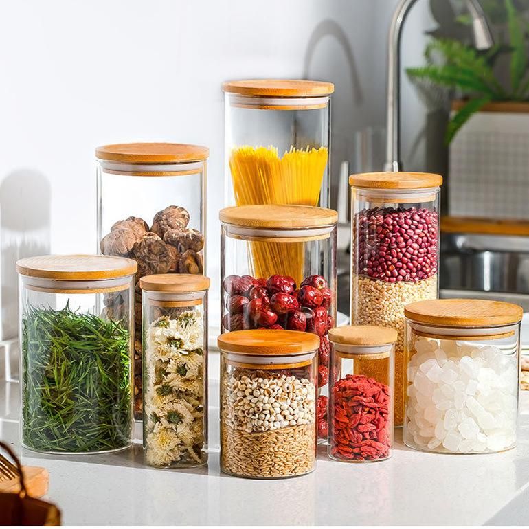 Glass Storage Jars with Bamboo Lids Clear High Borosilicate Glass Airtight Kitchen Food Cereal Containers