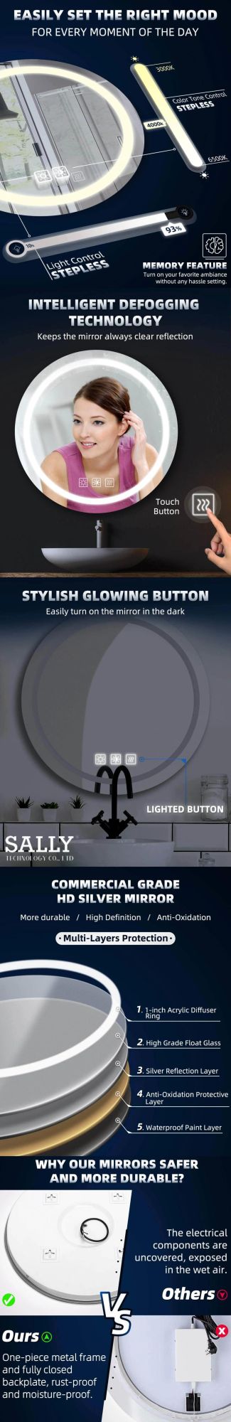 Sally LED Bathroom Mirror Wall Mount Bathroom Accessories Touch Switch Circle Mirror