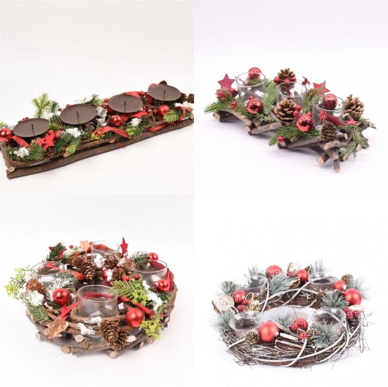 Customized Natural Color Pine Cone Pine Needle 4PCS Glass Candle Holder for Christmas Decorations