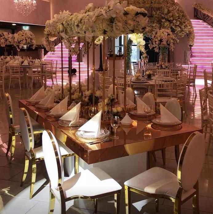 Restaurant Dining Wedding Chair Table Gold Stainless Steel Hotel Banquet Cake Table with 6 Seat