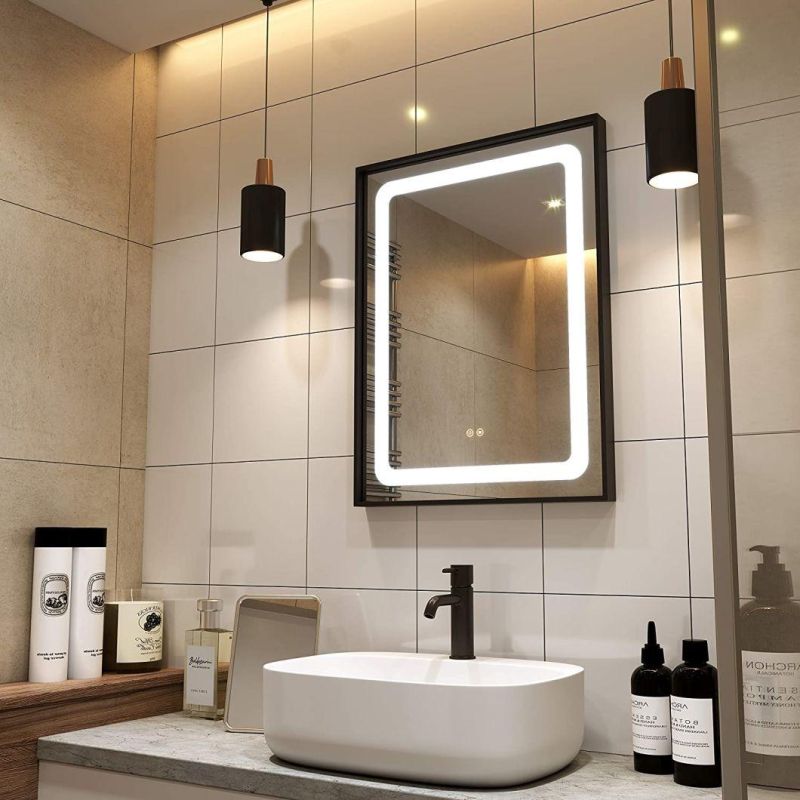 New LED Lighting Bathroom Mirror, Wall Mounted Black Frame, White Adjustable Light Demister, Memory Button Waterproof Mirror