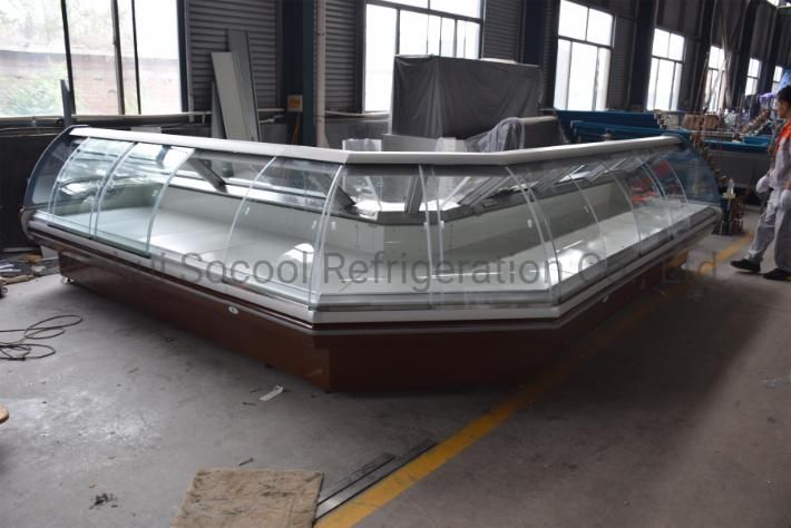 Remote Supermarket Fish Showcase with Corners and Front Sliding Curved Glass Door