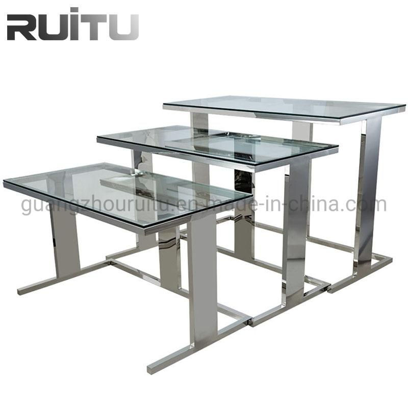 Airline Stainless Steel Legs Catering Wedding Decoration Rectangular Tempered Mirrored Glass Top Nesting Mirror Buffet Table for Restaurant Hotel