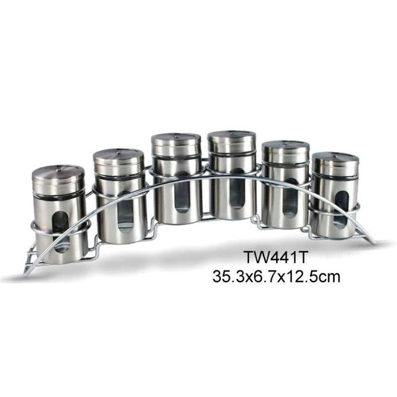 6PCS 80ml Glass Spice Jar Set with Stainless Steel Casing and Metal Rack