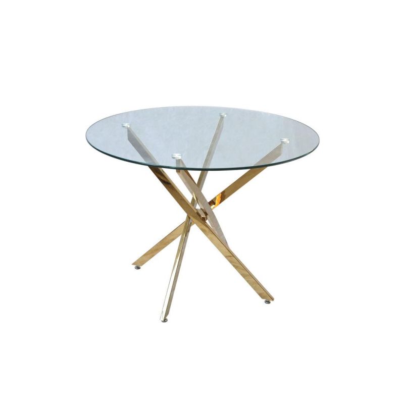 Modern Home Furniture Clear Glass Round Stainless Steel Overgild Leg Dining Table