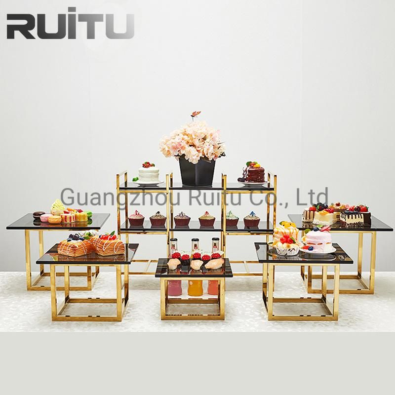 Catering Buffet Item Cake Decorator Mirror Cube Square Riser Frame Rack for Tiers Buffet Serving Platter Glass Gold Table Food Cupcake Dessert Display Stand