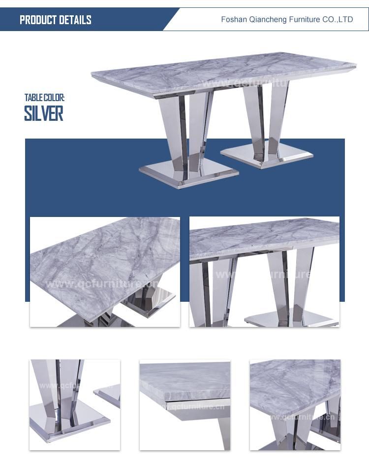 Two Silver Stainless Steel Base Dining Table with Marble Top