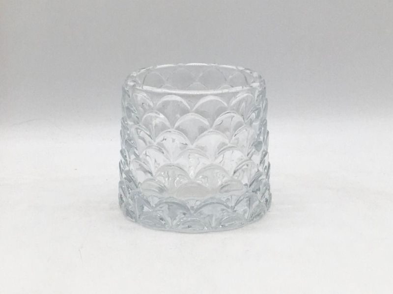 Clear Glass Candle Holder with Embossed Pattern and Customized Color