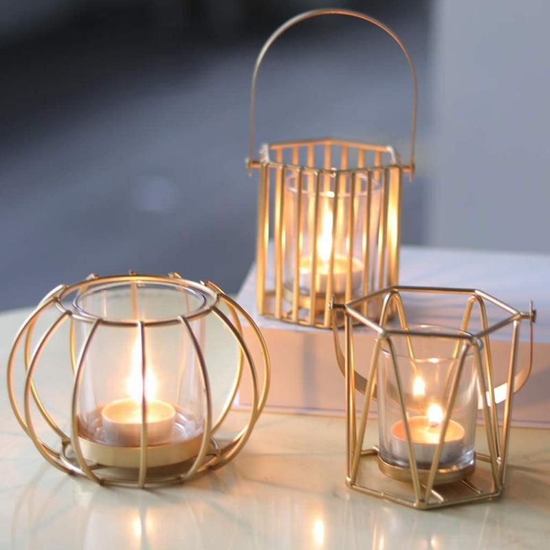 Metal Geometric Candle Holder with Glass Shade