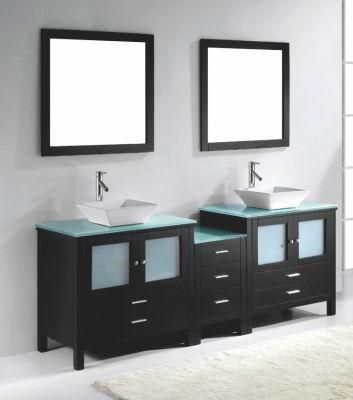 Double Sink Solid Wood Bathroom Cabinet Furniture Glass Countertop