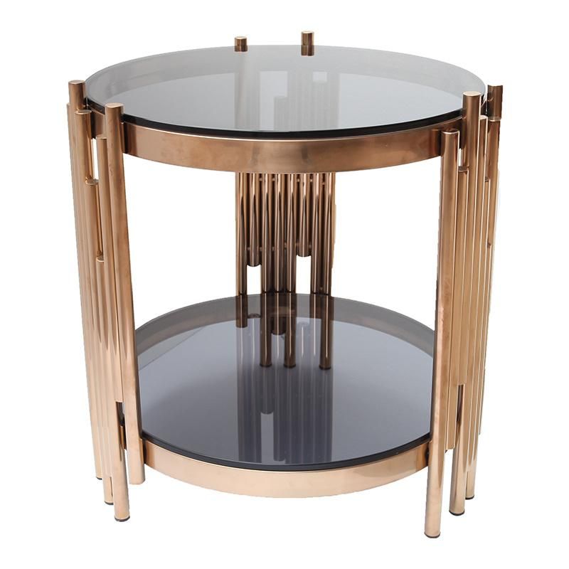 Round Coffee Table for Living Room with Tempered Glass Top & Metal Frame, 2-Tier Open Shelf Storage, Sturdy and Rustic