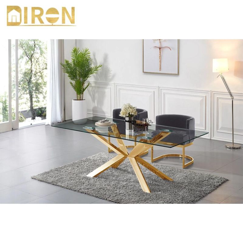 China Factory Modern Simple Design Rectangle Marble Glass Top Gold Stainless Steel Dining Table