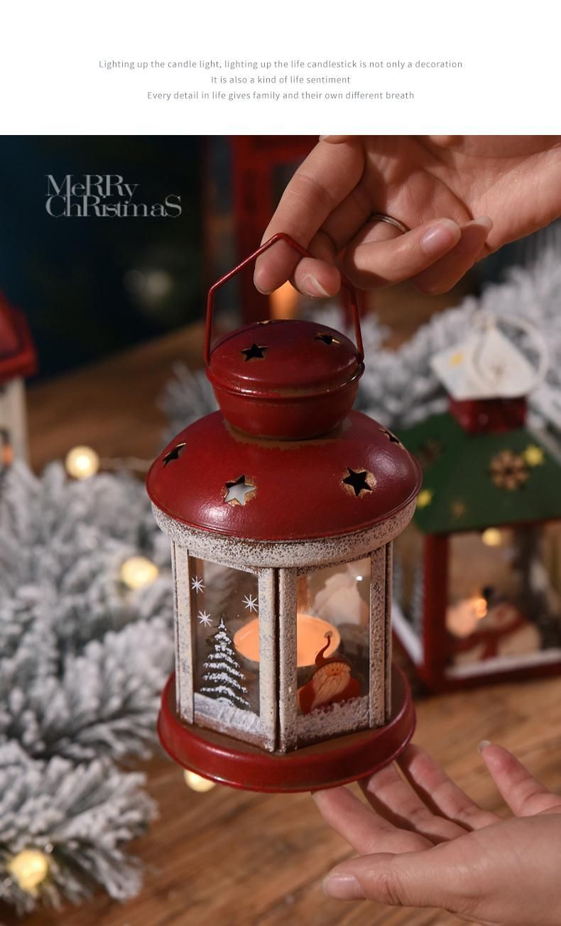 2021 Hot Sale Retro Lanterns Wrought Iron Glass Ornaments Christmas Candle Holder