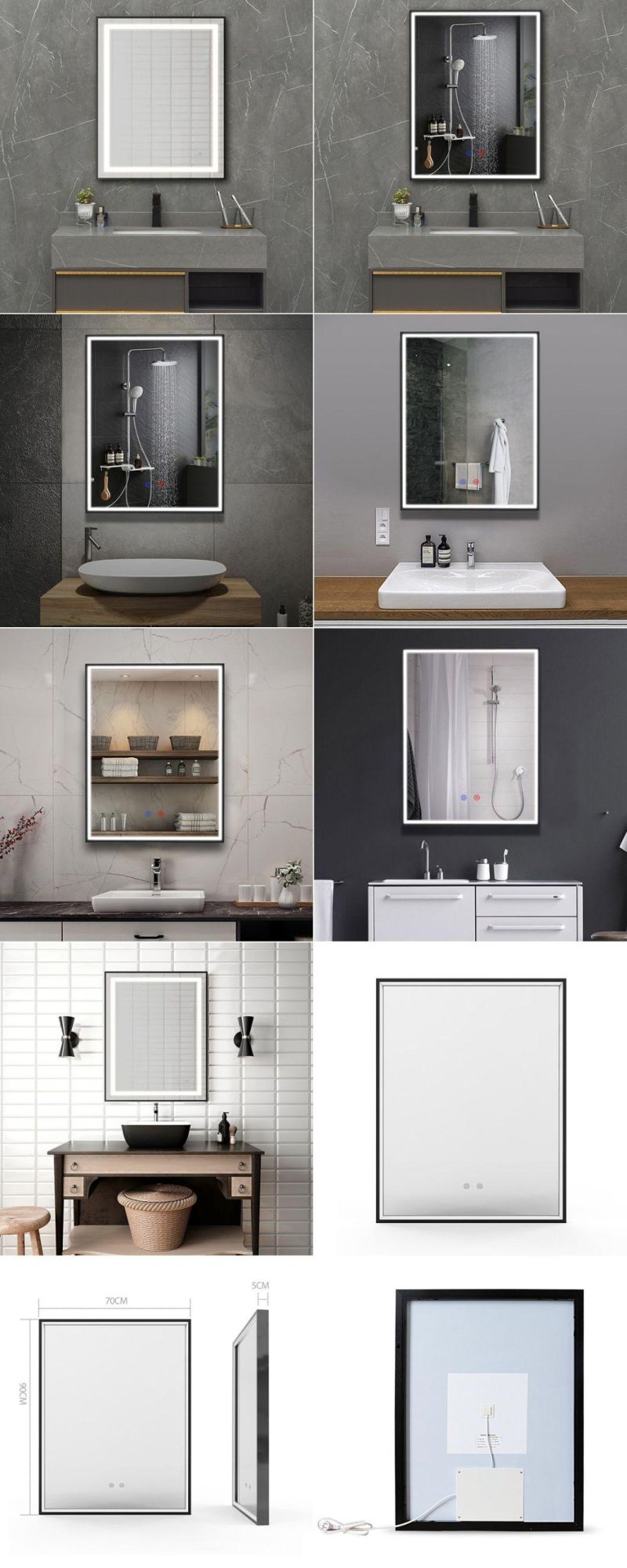 Wholesale Luxury Home Decorative Rectangle Black Aluminum Frame Smart Mirror Wholesale LED Bathroom Backlit Wall Glass Vanity Mirror