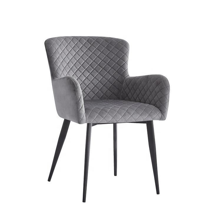 Nordic Modern Home Furniture Grey Velvet Fabric Arm Dining Chair with Metal Legs