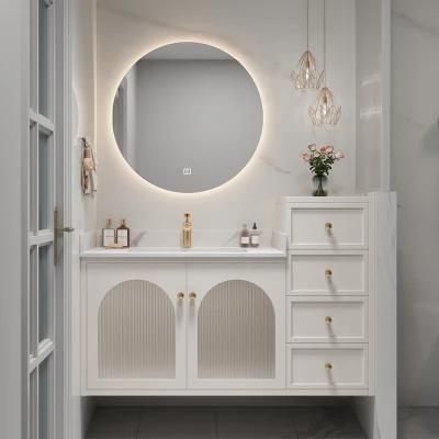 Modern Plywood with White Painting Glass Door Wall Mounted Bathroom Vanity with LED Mirror
