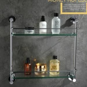 Wall Mounted Round Style Brass Bathroom Double Glass Shelf Chrome Finish 2412