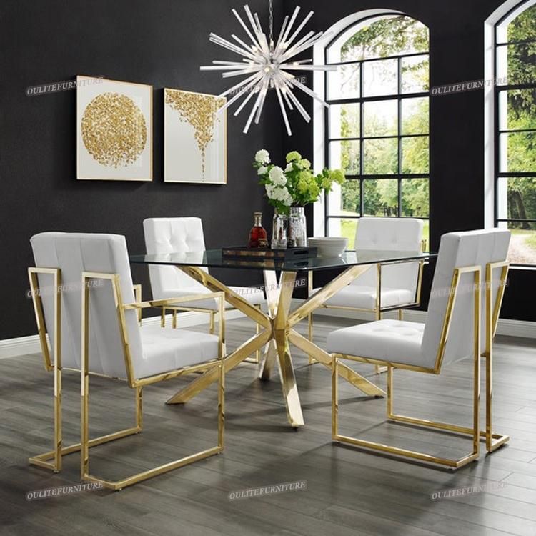 Square Glass Dining Table with Golden Chrome Legs for Home