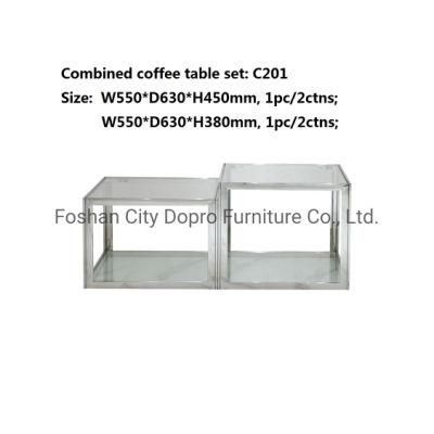 Dopro New Design Stainless Steel Polished Shiny Combined Coffee Table Set (2PCS) , Item C201, with Double Layers of Clear Tempered Glass