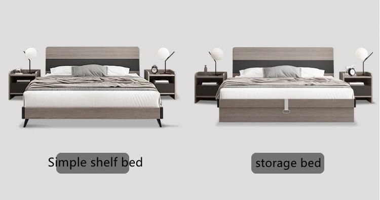 Nordic Unique Design High Quality Hotel Home Furniture Bedroom Wooden Storage Bed with Night Stand