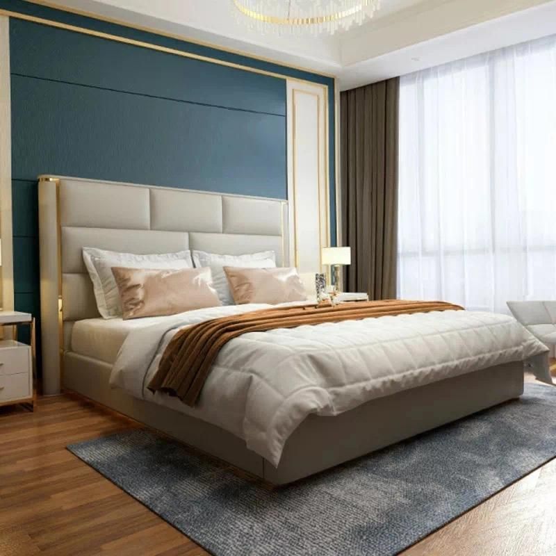 European Modern Light Luxury Home Bedroom Set Stainless Steel Double Adult Beds Italian Queen Size Bed Luxury King Size Leather Bed